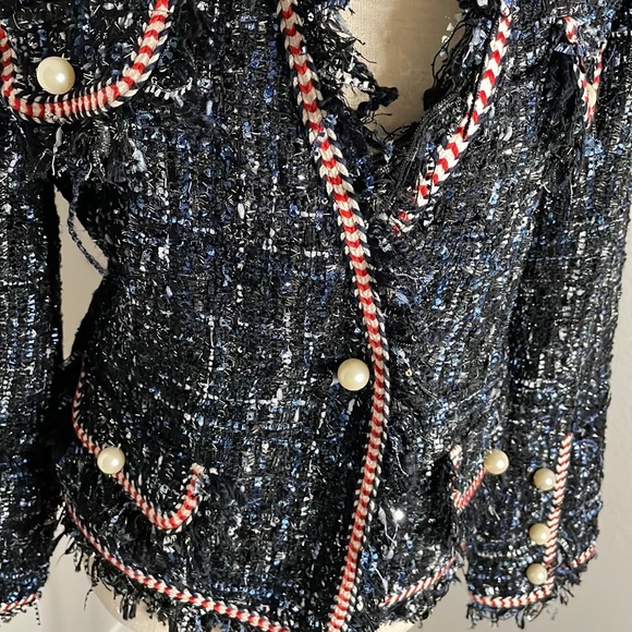 Sans Souci Blazer Jacket Blue Metallic Pearl Buttons Large - Picture 7 of 12